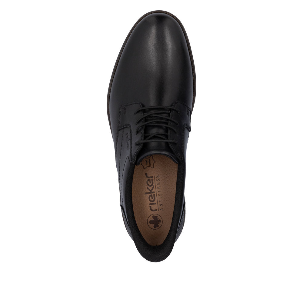 Rieker 10353-00 men's wide black leather slip-on shoes with anti-stress insoles, top view.