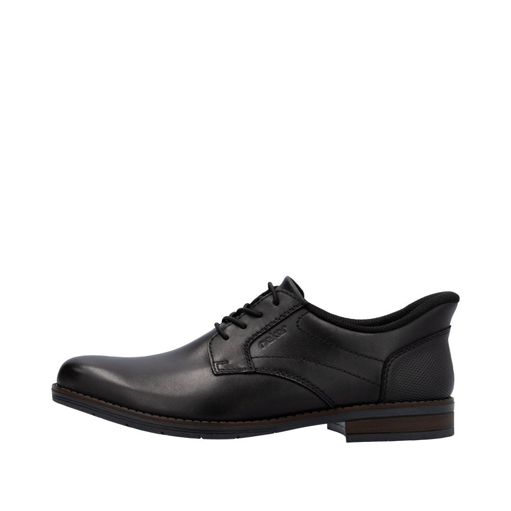 Rieker 10353-00 men's black leather slip-on shoes with wide fit, lace-up design, and low heel, stylish and comfortable for everyday wear.
