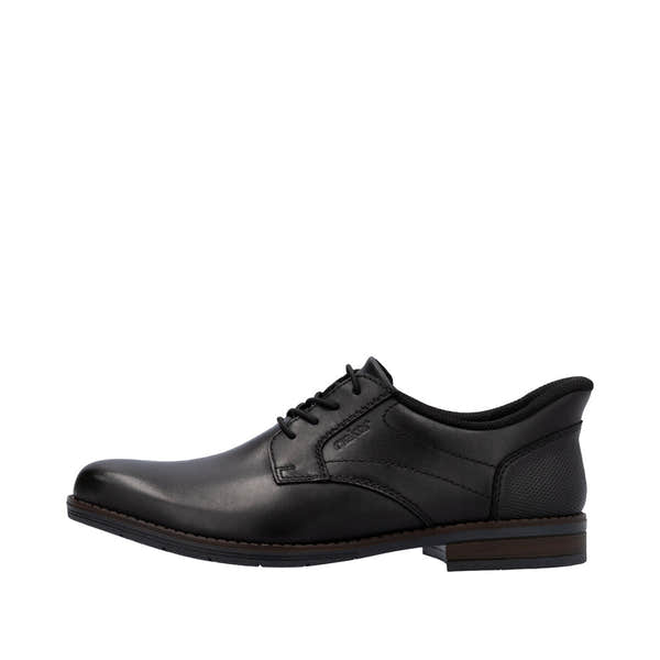 Rieker 10353-00 men's black leather slip-on shoes with wide fit, lace-up design, and low heel, stylish and comfortable for everyday wear.