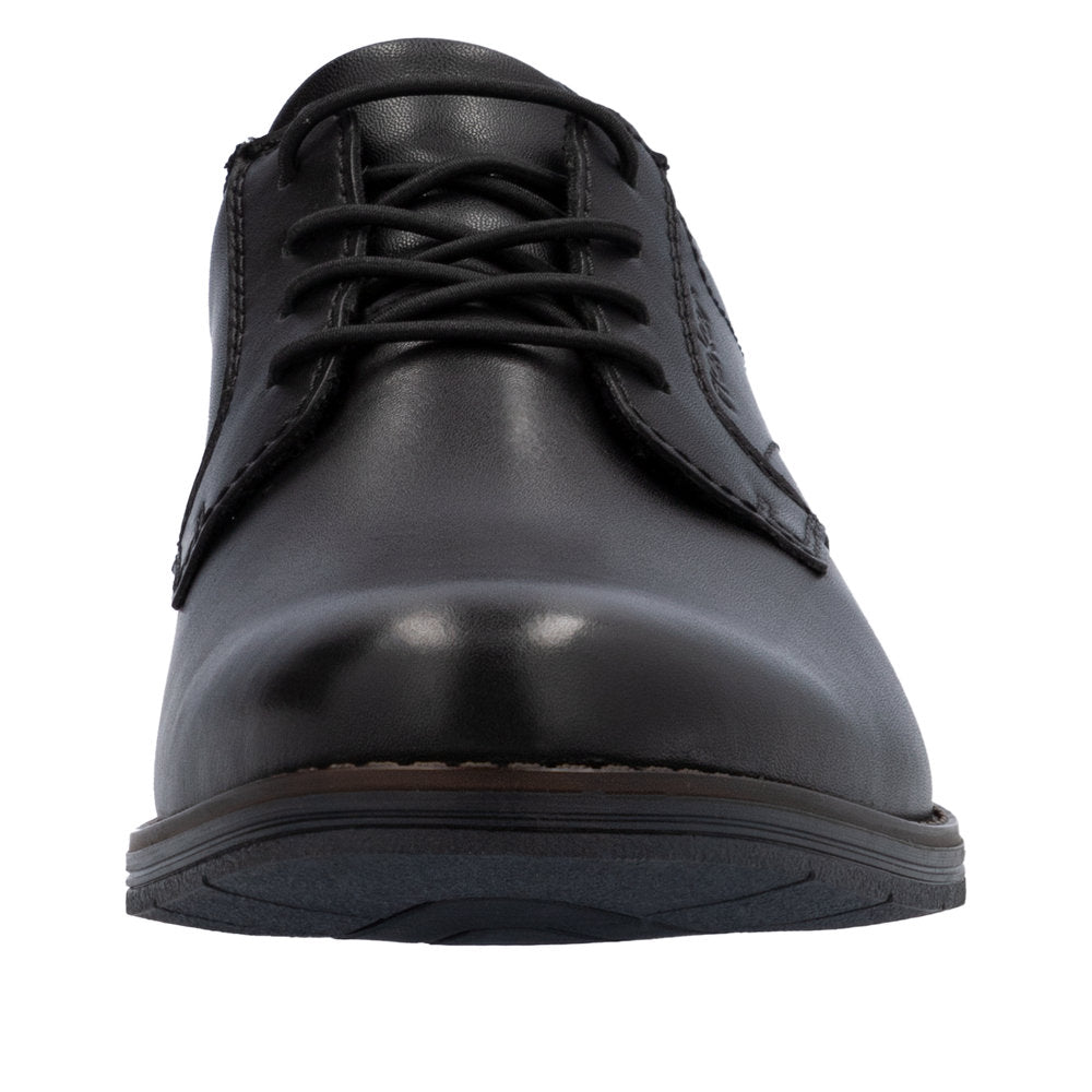 Rieker 10353-00 men's wide black leather slip-on shoes with laces and rounded toe.