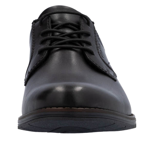 Rieker 10353-00 men's wide black leather slip-on shoes with laces and rounded toe.
