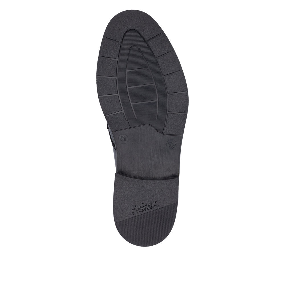 Rieker 10353-00 men's wide black leather slip-on shoes with cushioned sole and textured outsole.