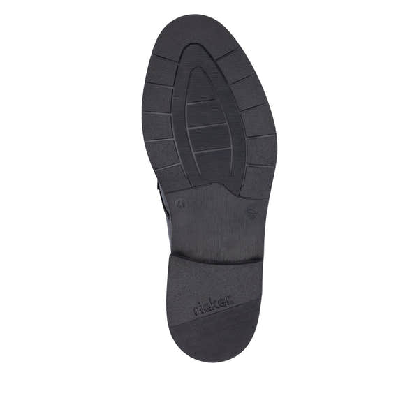 Rieker 10353-00 men's wide black leather slip-on shoes with cushioned sole and textured outsole.