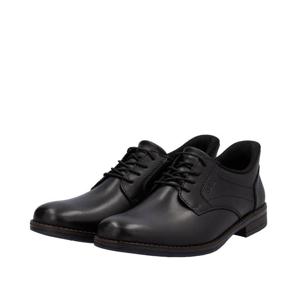 Rieker 10353-00 men's black leather slip-on shoes with lace-up closure, wide fit, cushioned interior, and low heel for comfort.