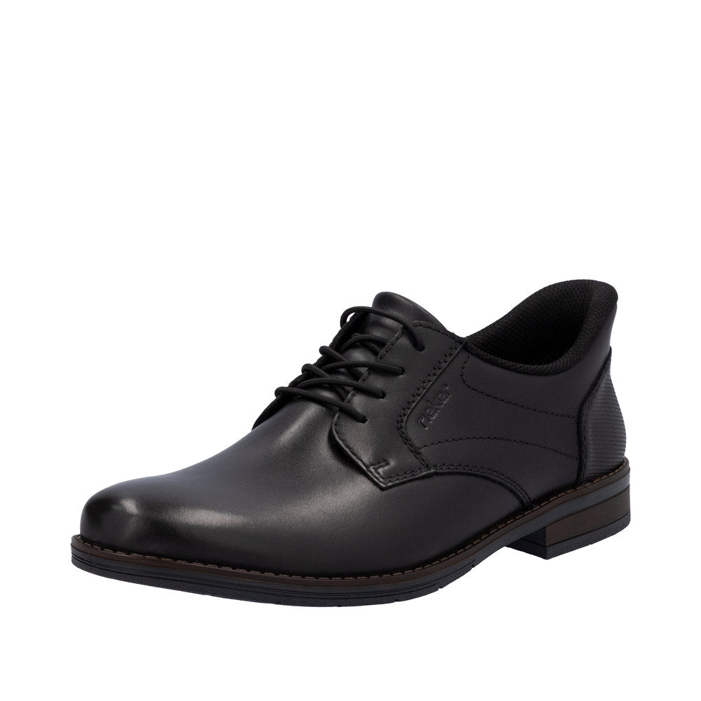 Rieker 10353-00 men's black leather slip-on shoes with lace-up design, padded collar, and low heel.