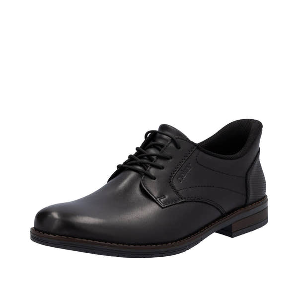 Rieker 10353-00 men's black leather slip-on shoes with lace-up design, padded collar, and low heel.