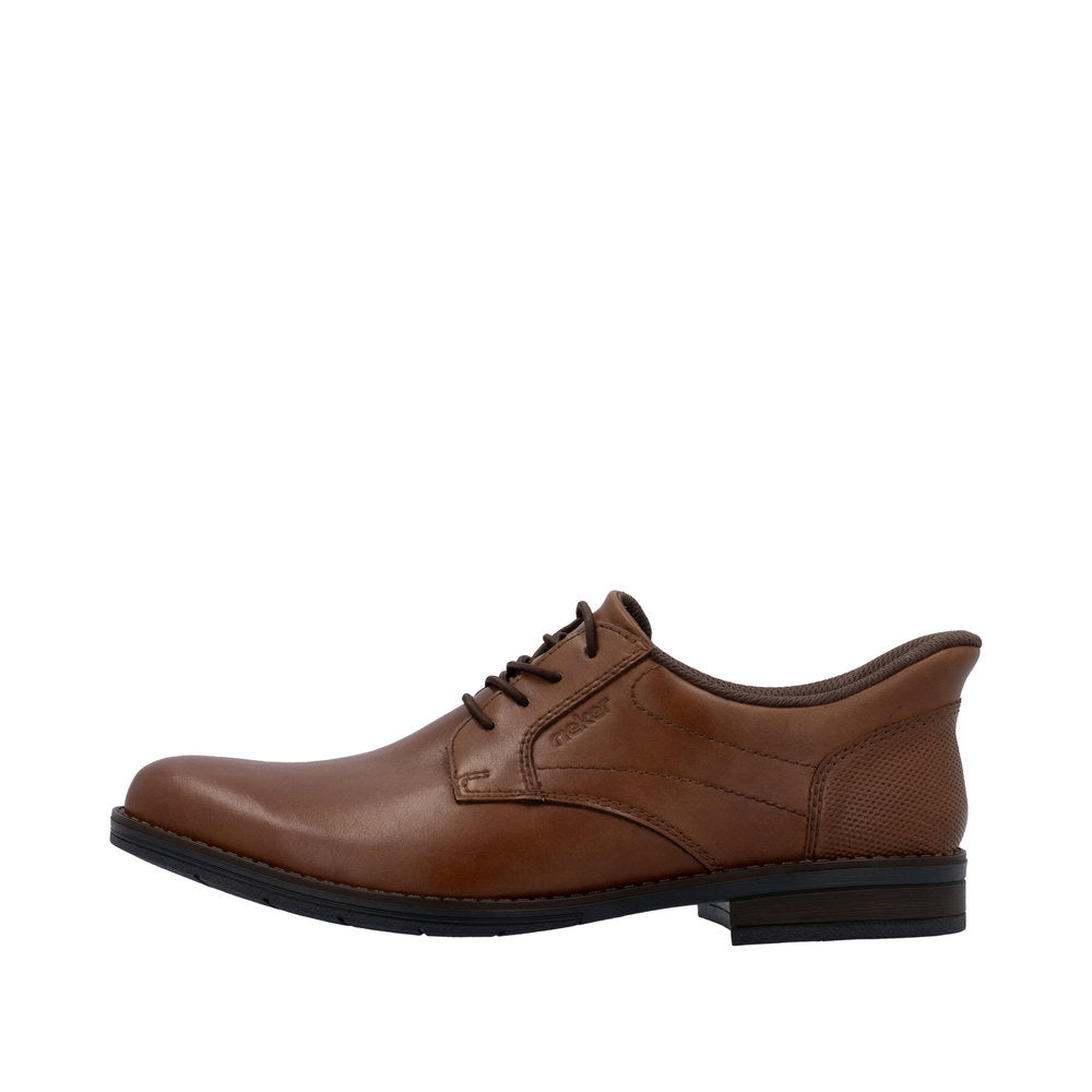 Rieker men's wide fit brown leather lace-up shoes with cushioned interior and low heel. Perfect for casual or formal wear.