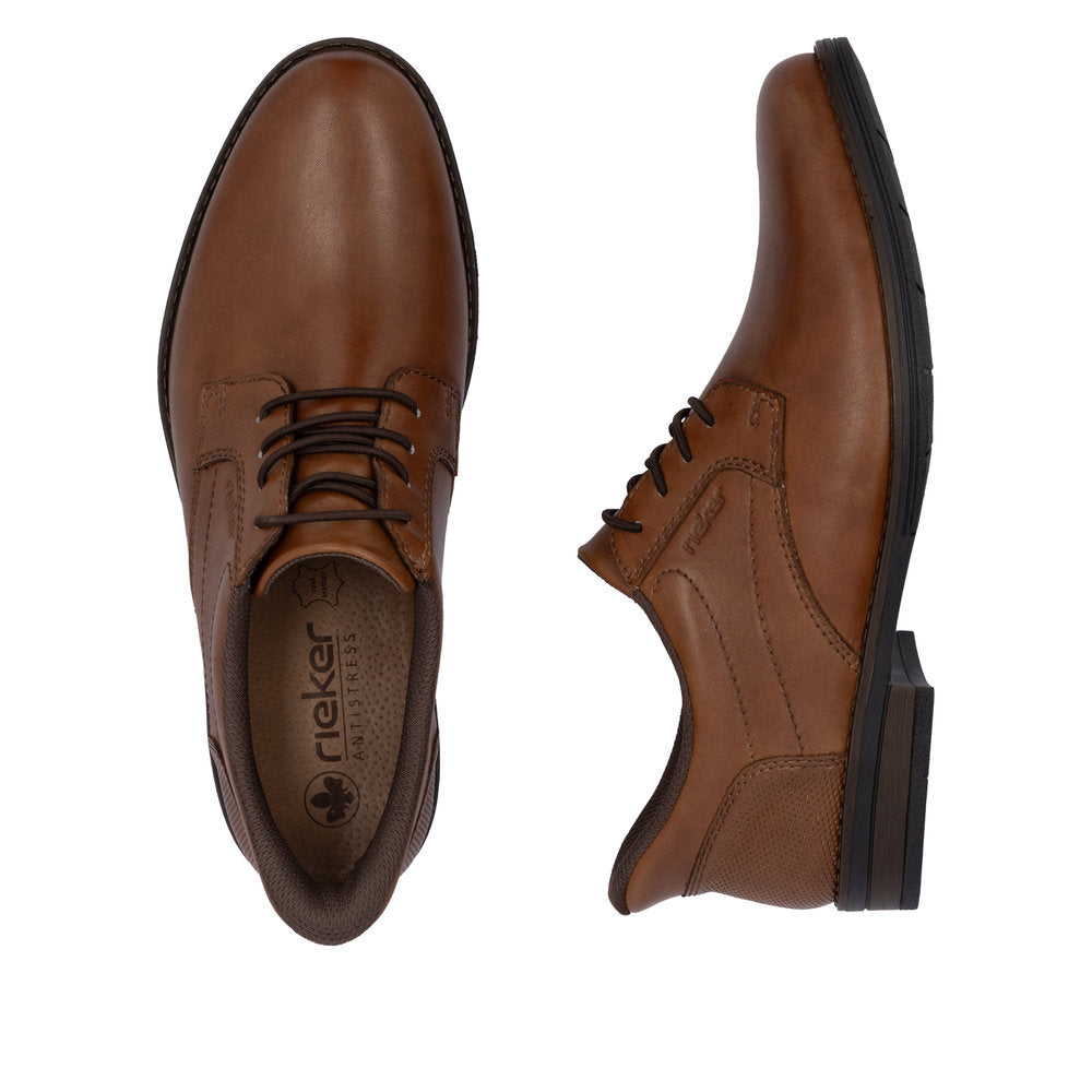 Rieker 10353-24 men's wide brown leather lace-up shoes, casual dress footwear with cushioned insoles and durable rubber sole.