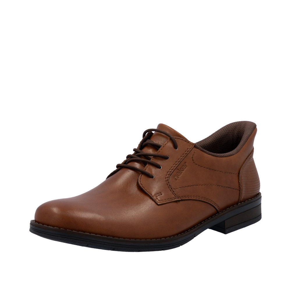 Rieker men's wide brown leather lace-up shoes with cushioned interior and low stacked heel, stylish and comfortable for everyday wear.