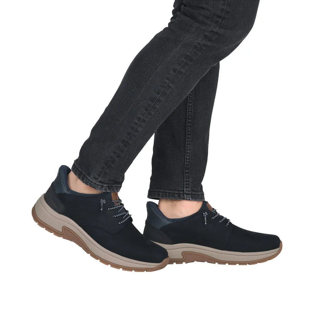 Rieker 11050-14 Ready2Go men's wide blue suede slip-on shoes with cushioned soles and casual design.