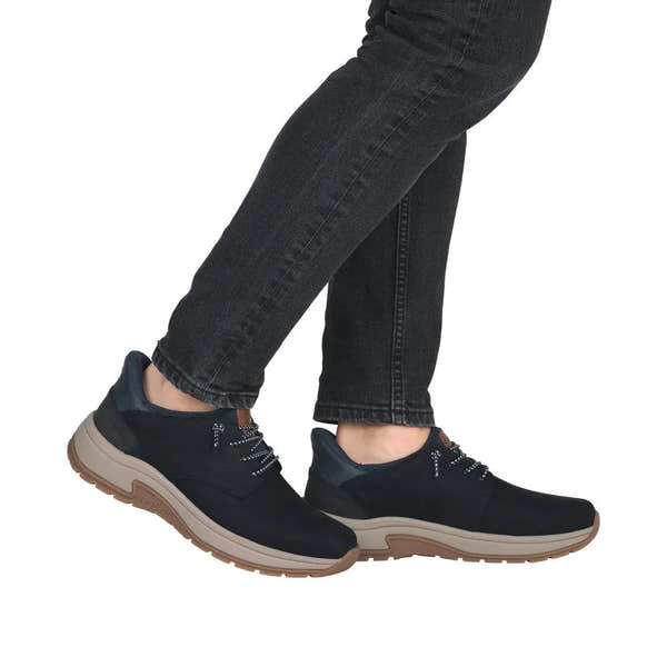 Rieker 11050-14 Ready2Go men's wide blue suede slip-on shoes with cushioned soles and casual design.