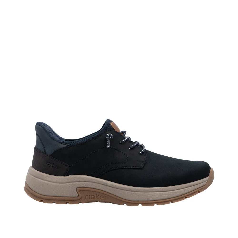 Rieker 11050-14 men's wide-fit blue suede slip-on shoes with cushioned beige and brown sole.