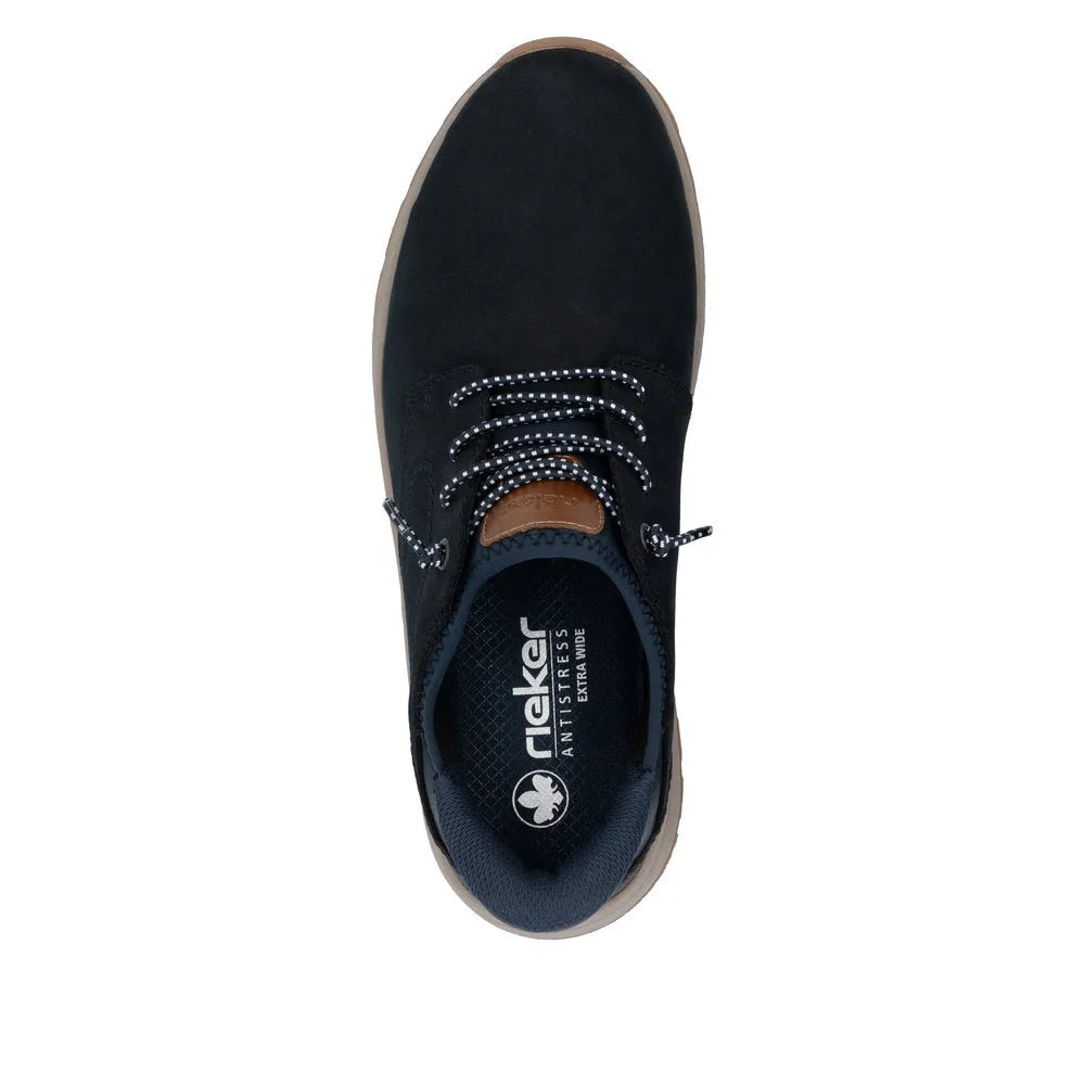Rieker 11050-14 men's wide-fit blue suede slip-on shoes with black and white laced detail, cushioned insole, and casual design.