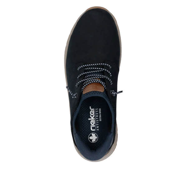 Rieker 11050-14 men's wide-fit blue suede slip-on shoes with black and white laced detail, cushioned insole, and casual design.