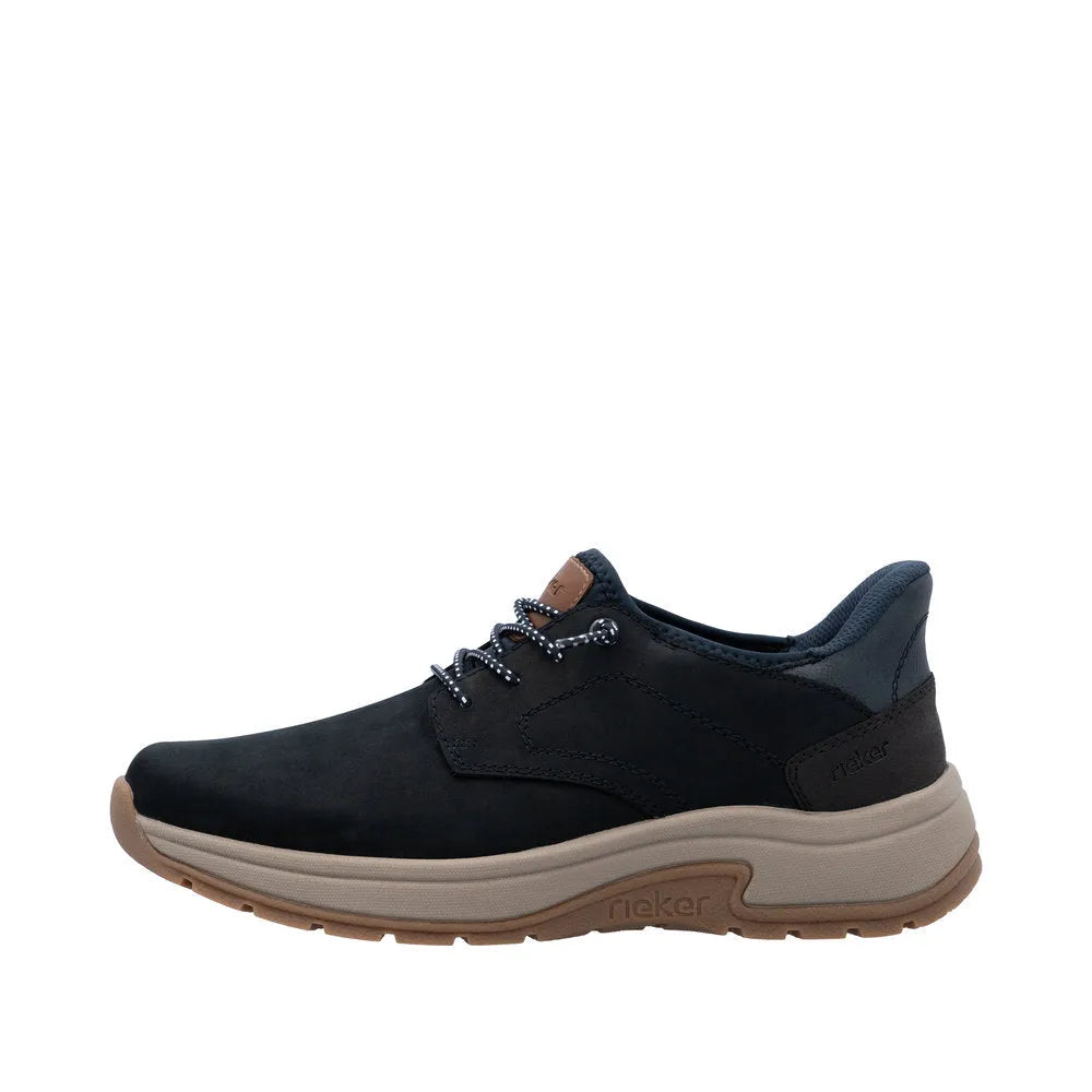 Rieker 11050-14 Ready2Go men's wide-fit blue suede slip-on shoes with cushioned sole and casual design.