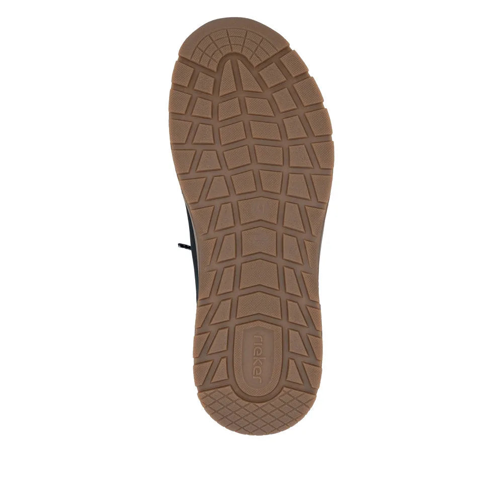 Rieker 11050-14 Ready2Go men's wide fit blue suede slip-on shoes with rugged rubber sole.
