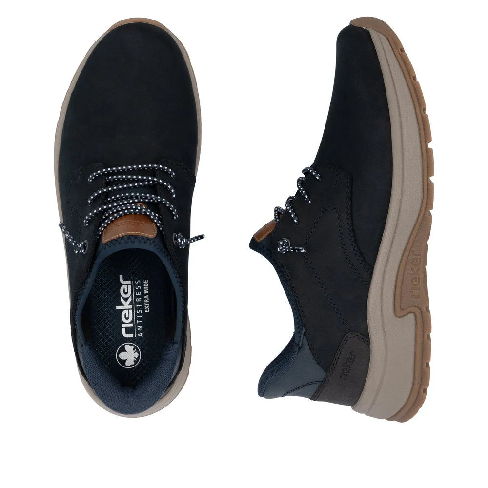 Rieker 11050-14 men's wide-fit blue suede slip-on shoes with cushioned soles and breathable lining.
