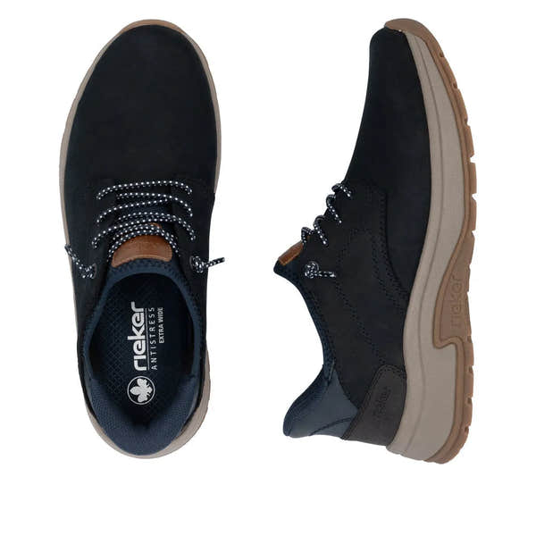 Rieker 11050-14 men's wide-fit blue suede slip-on shoes with cushioned soles and breathable lining.