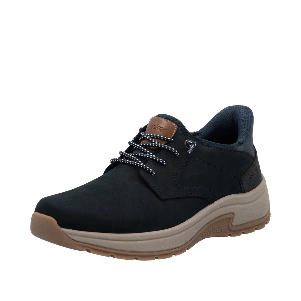 Rieker Men's Wide Blue Suede Slip-On Shoes, casual athletic footwear with cushioned sole and lace-up design.