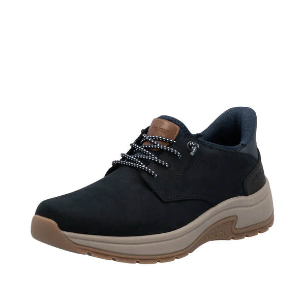 Rieker Men's Wide Blue Suede Slip-On Shoes, casual athletic footwear with cushioned sole and lace-up design.