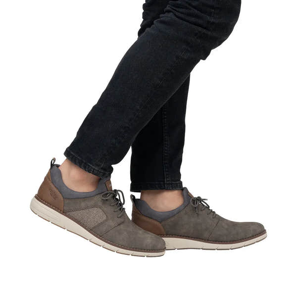 Men's brown elasticated lace-up shoes with suede and leather accents, grey ankle lining, and white rubber sole.