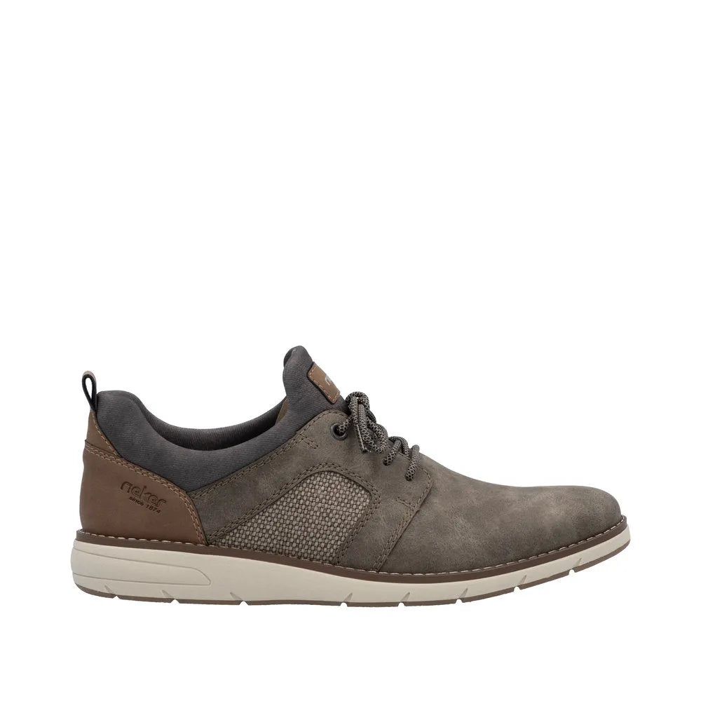 Rieker 11351-25 men's brown elasticated shoe with mixed leather and fabric upper, cushioned collar, and white rubber sole.