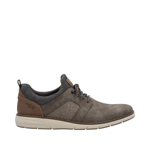 Rieker 11351-25 men's brown elasticated shoe with mixed leather and fabric upper, cushioned collar, and white rubber sole.