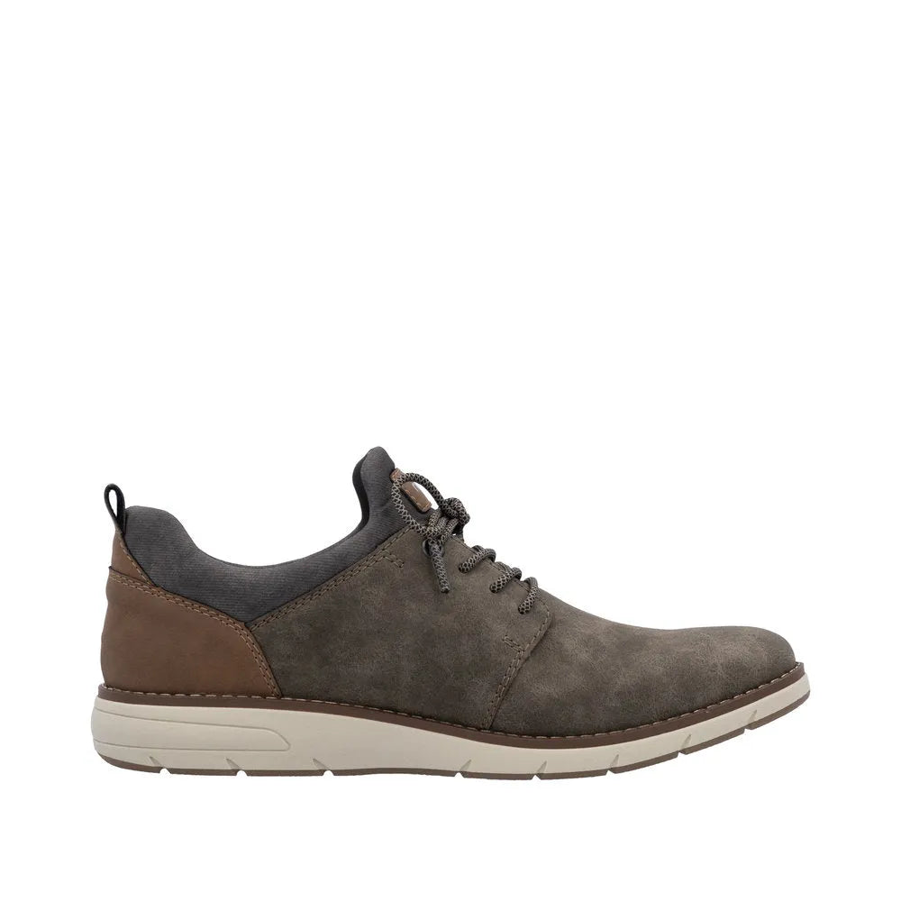 Rieker 11351-25 men's brown elasticated shoes with suede and leather upper, cushioned collar, and white rubber sole.