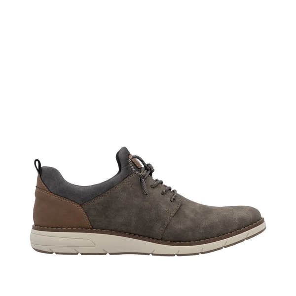 Rieker 11351-25 men's brown elasticated shoes with suede and leather upper, cushioned collar, and white rubber sole.
