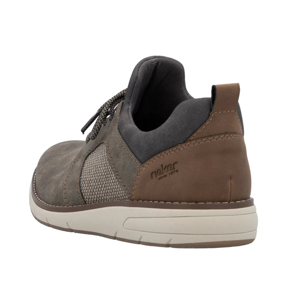 Rieker 11351-25 men's brown elasticated shoes with suede and fabric panels, cushioned collar, and white rubber sole.