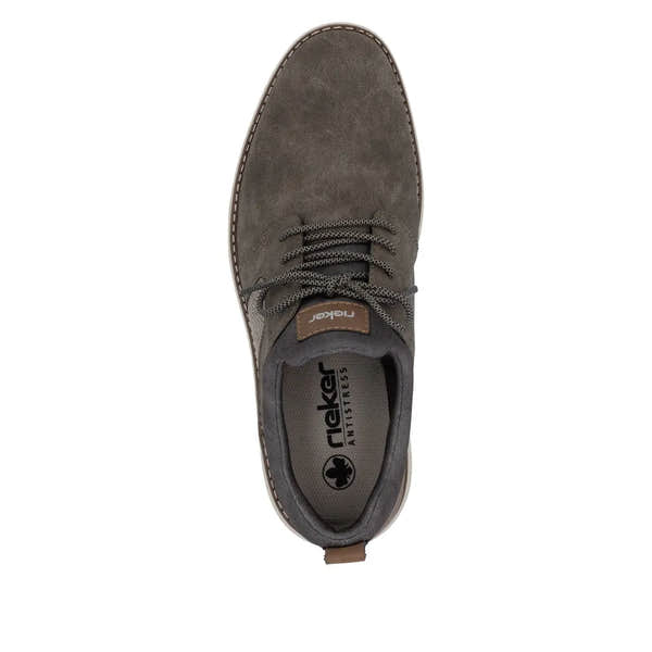 Brown elasticated men's shoe with faux leather upper, lace-up design, padded collar, and stitched details.