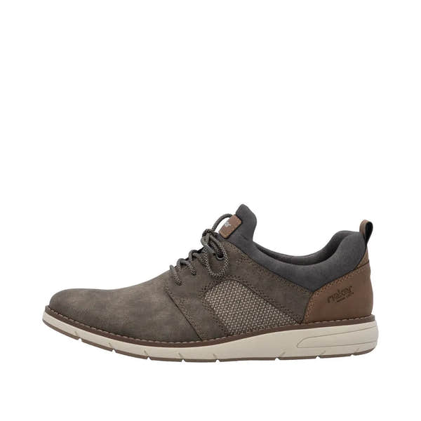 Rieker 11351-25 men's brown elasticated shoes with suede and mesh upper, padded collar, and white rubber sole.