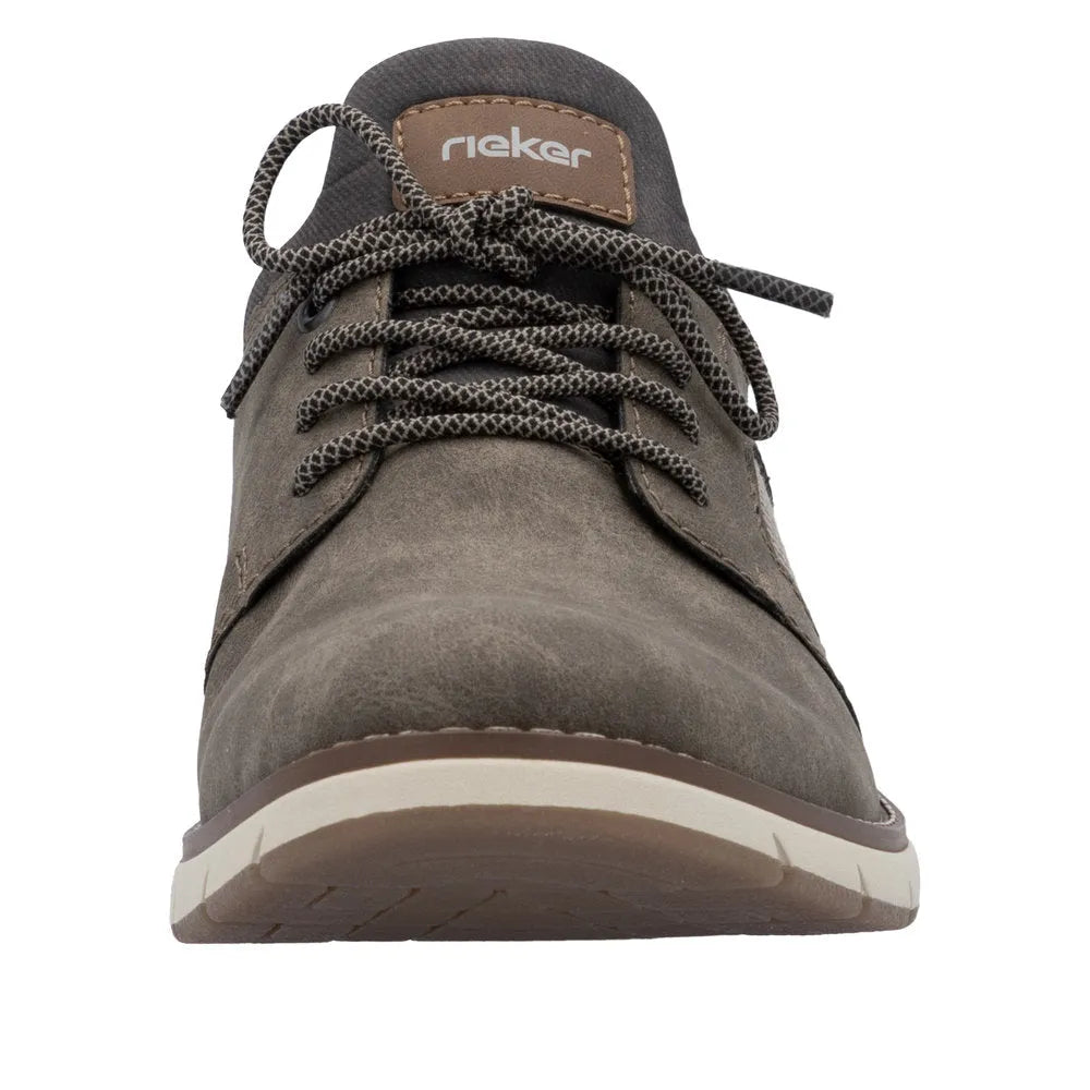 Brown leather mesh men's lace-up shoes with elasticated sides and a white rubber sole, branded with 