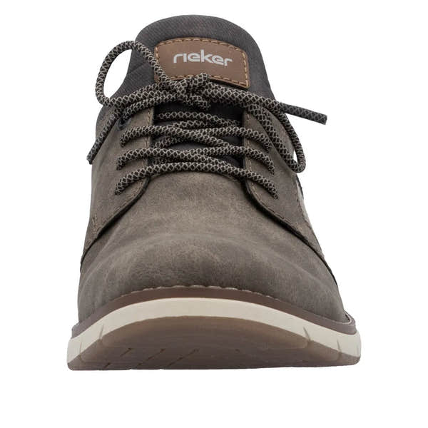 Brown leather mesh men's lace-up shoes with elasticated sides and a white rubber sole, branded with "Rieker" logo.