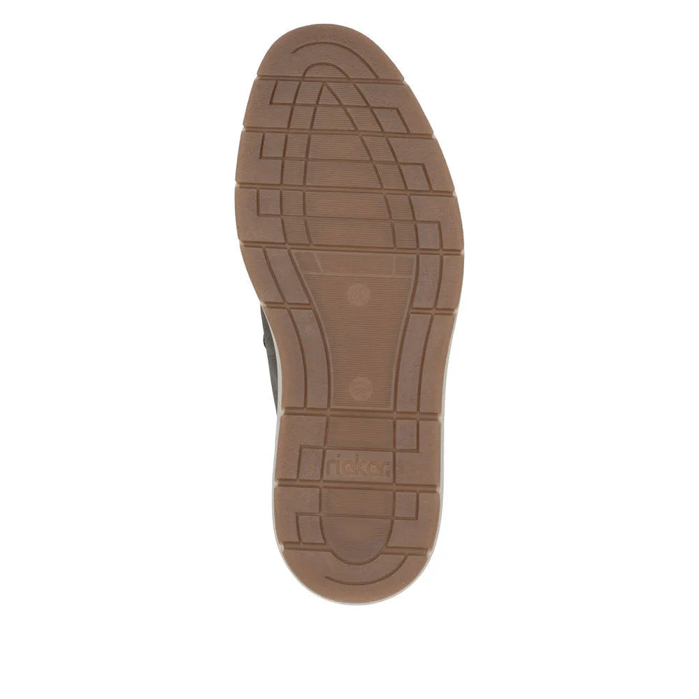 Mens brown elasticated slip-on shoe with textured leather upper and rubber sole, branded 