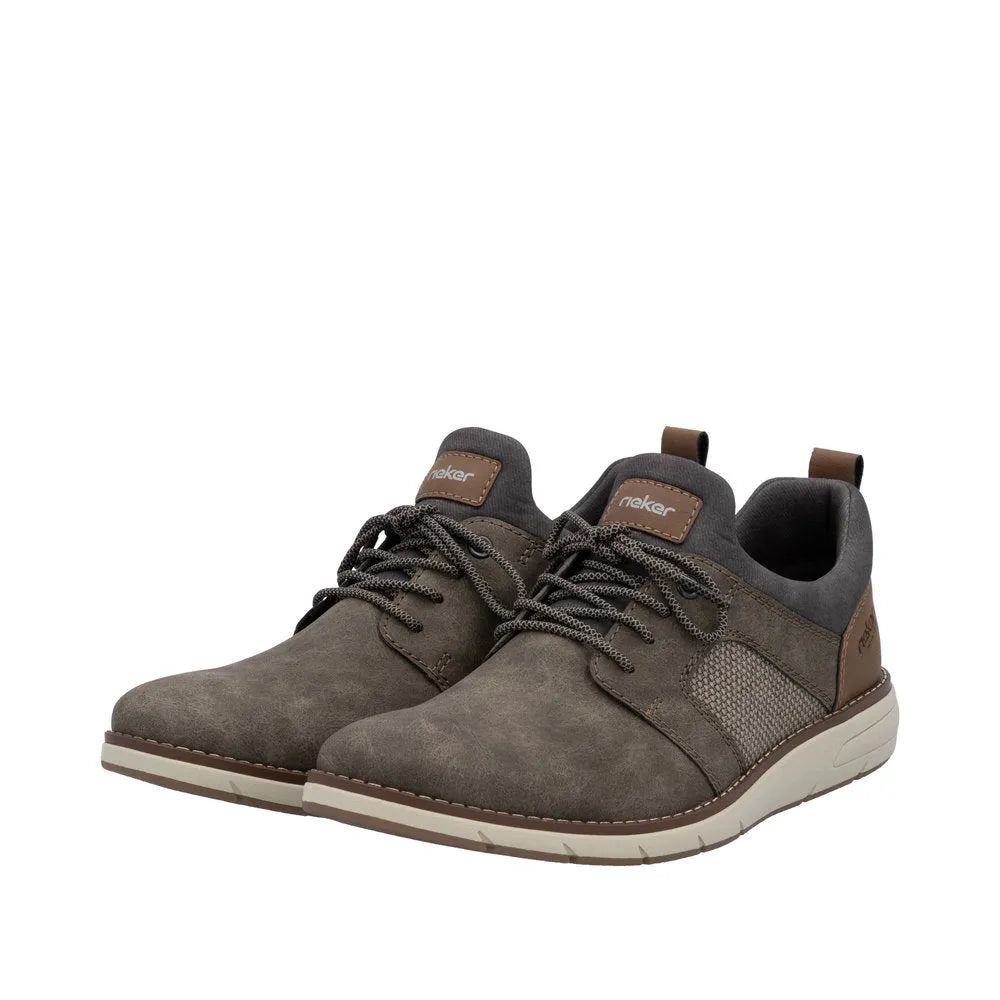 Rieker 11351-25 men's brown elasticated shoes with suede and mesh upper, cushioned collar, lace-up closure, and white rubber sole.
