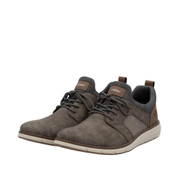 Rieker 11351-25 men's brown elasticated shoes with suede and mesh upper, cushioned collar, lace-up closure, and white rubber sole.