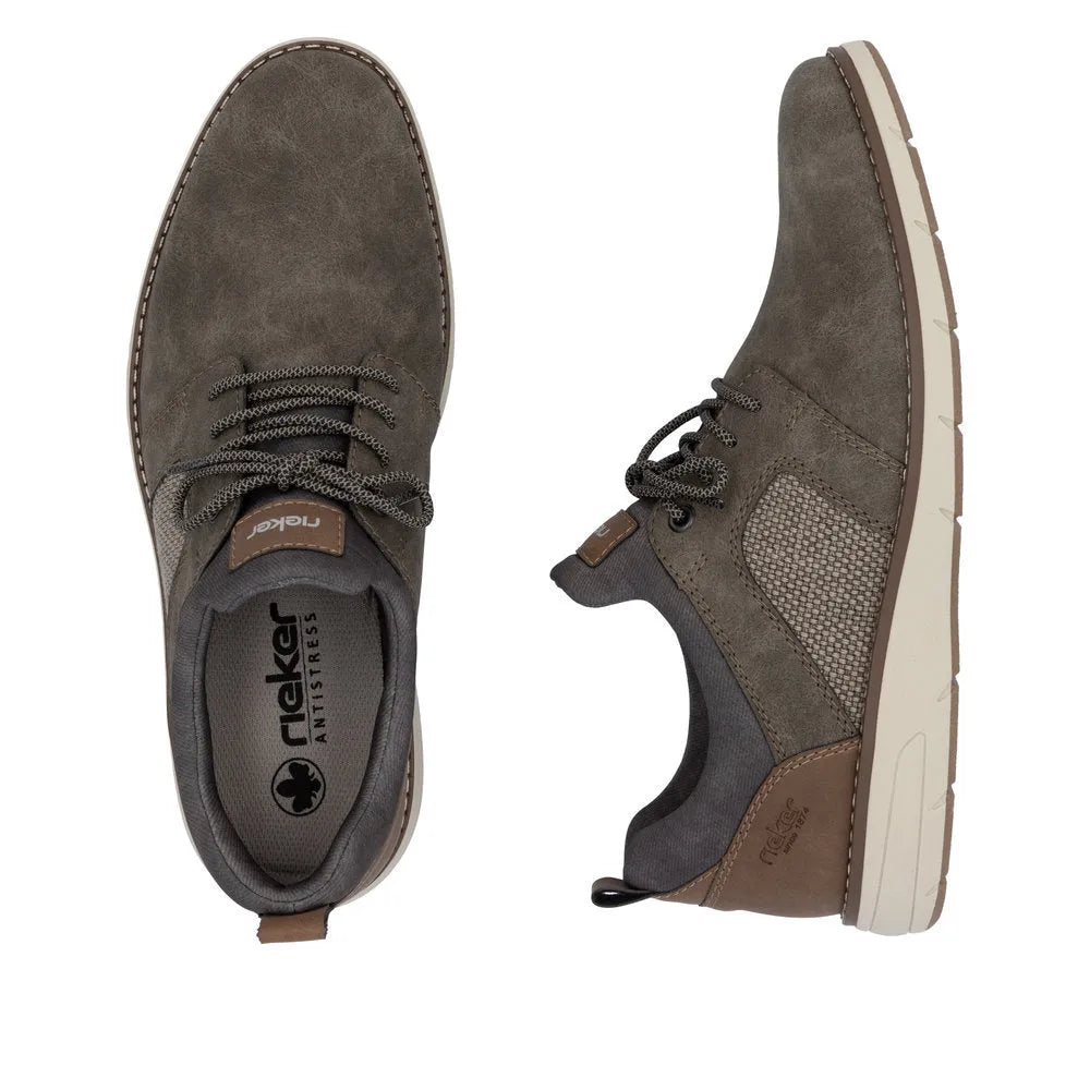 Brown elasticated men's shoes with suede and fabric panels, lace-up closure, and a cushioned sole.