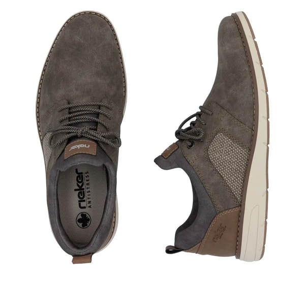 Brown elasticated men's shoes with suede and fabric panels, lace-up closure, and a cushioned sole.