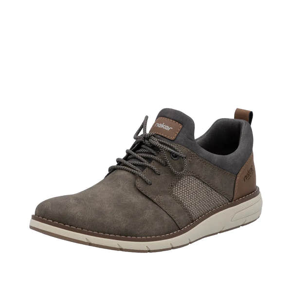 Rieker 11351-25 men's brown elasticated shoes with suede and mesh upper, cushioned collar, and white rubber sole.