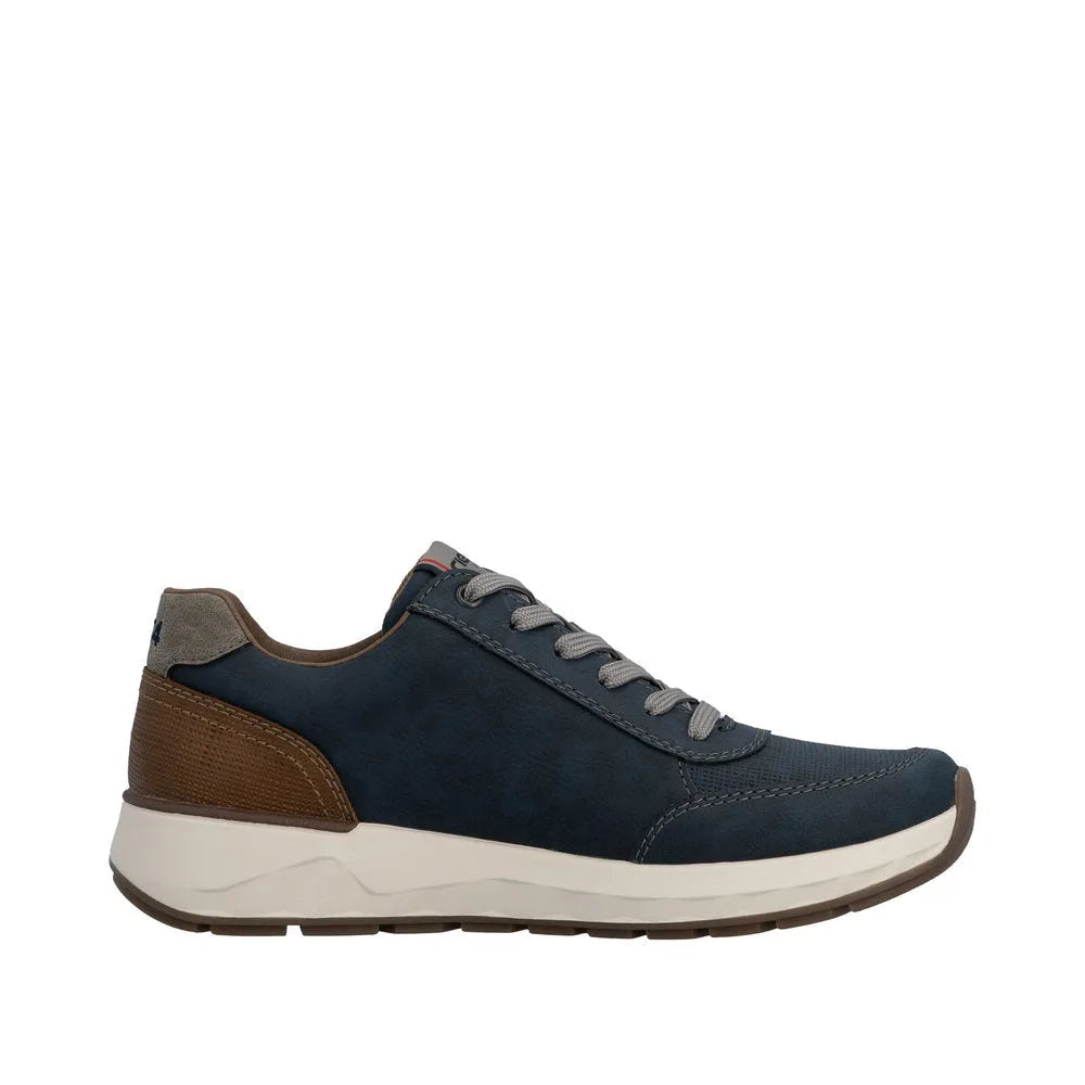 Rieker 11504-14 men's wide-fit navy shoes with zip and lace closure, synthetic leather and fabric, contrast heel, cushioned white midsole.
