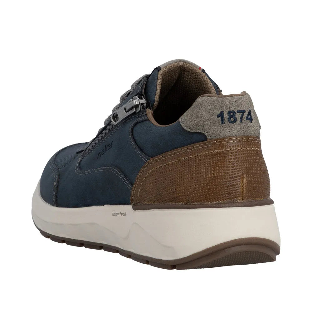 Men's navy blue and brown leather and textile sneakers with zip and lace-up closure, padded collar, and 
