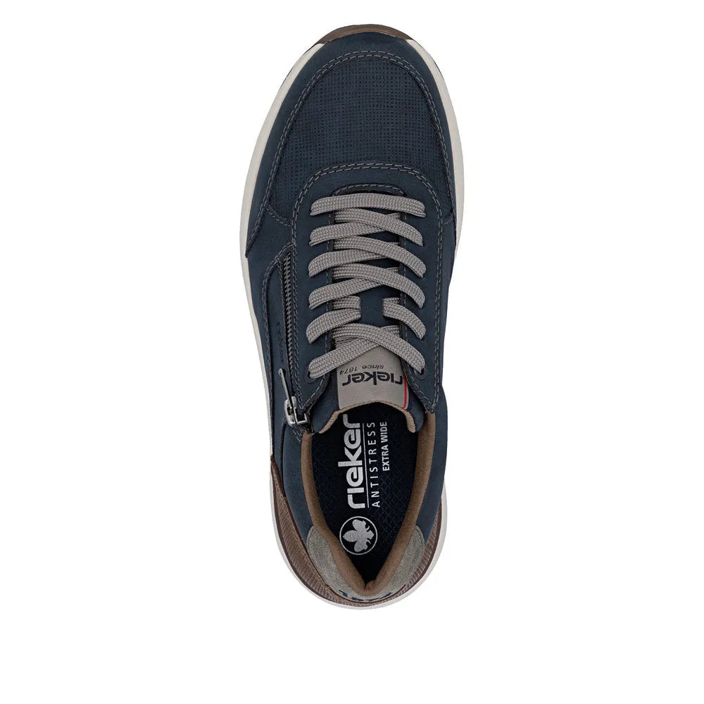 Rieker men's wide midnight casual shoes with lace-up and side zipper, leather and textile materials, cushioned interior.