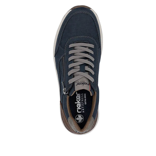 Rieker men's wide midnight casual shoes with lace-up and side zipper, leather and textile materials, cushioned interior.
