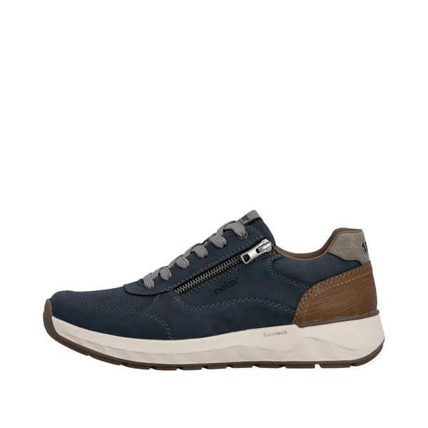 Rieker 11504-14 men's wide-fit navy zip and lace-up shoe with brown heel, mixed materials, foam sole, and side zipper detail.