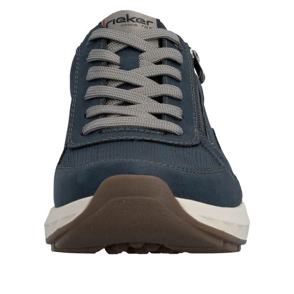 Rieker 11504-14 men's wide fit navy zip and lace-up sneaker with grey laces and midsole, side zipper, and textured materials.