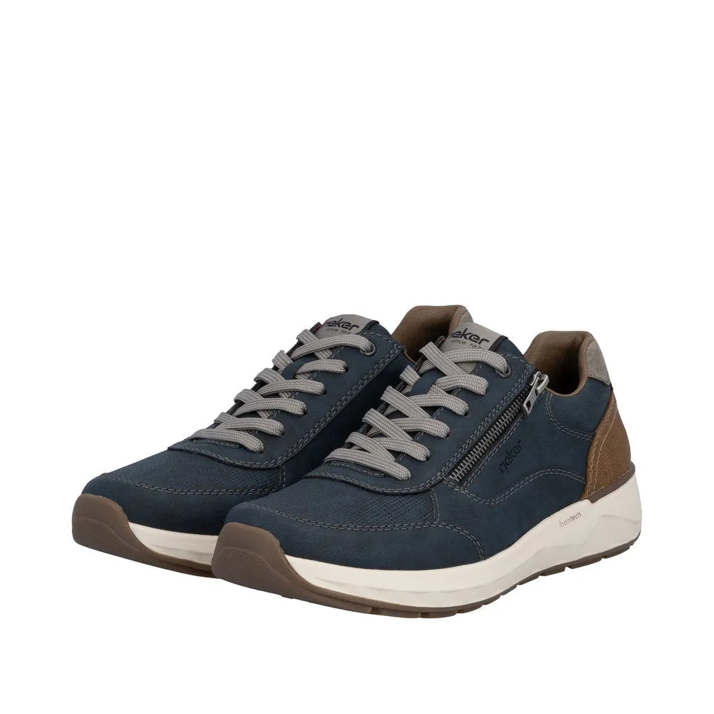 Rieker 11504-14 men's wide fit shoes, navy blue with brown accents, lace-up design, side zipper, cushioned sole, and mid-top style.