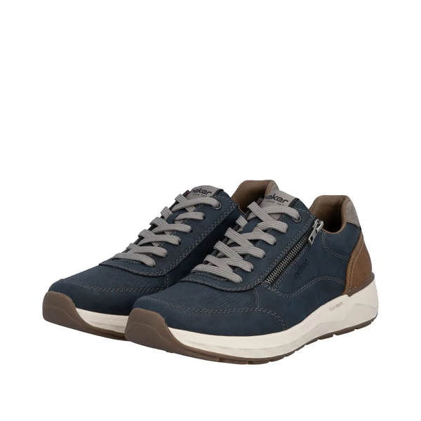 Rieker 11504-14 men's wide fit shoes, navy blue with brown accents, lace-up design, side zipper, cushioned sole, and mid-top style.