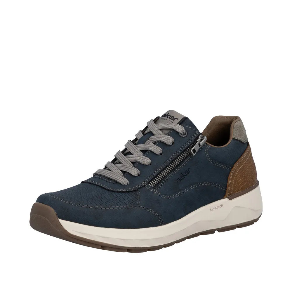Men's navy and brown sneakers with gray laces, zip side, suede and textile materials, midsole, and rubber outsole.