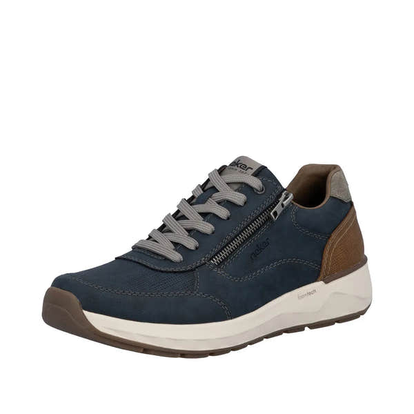 Men's navy and brown sneakers with gray laces, zip side, suede and textile materials, midsole, and rubber outsole.